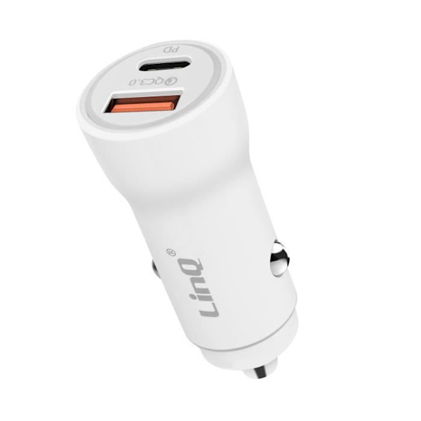 36W cigarettändare Billaddare USB C och USB Snabbladdning LinQ Vit Vit
