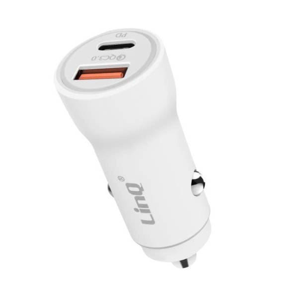 36W cigarettænder Biloplader USB C og USB Hurtigopladning LinQ Hvid Vit