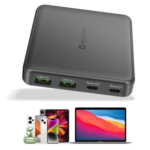 GaN 2x USB-C och 2x USB PowerDelivery Charging Hub Swissten Black