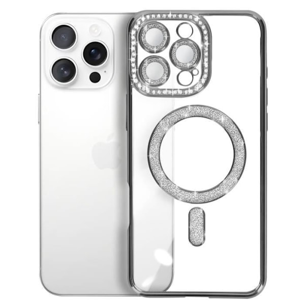 Coque - Diamant - iPhone 16 Pro Max - Strass Sølv - Resistant - Kompatibel med MagSafe Grå