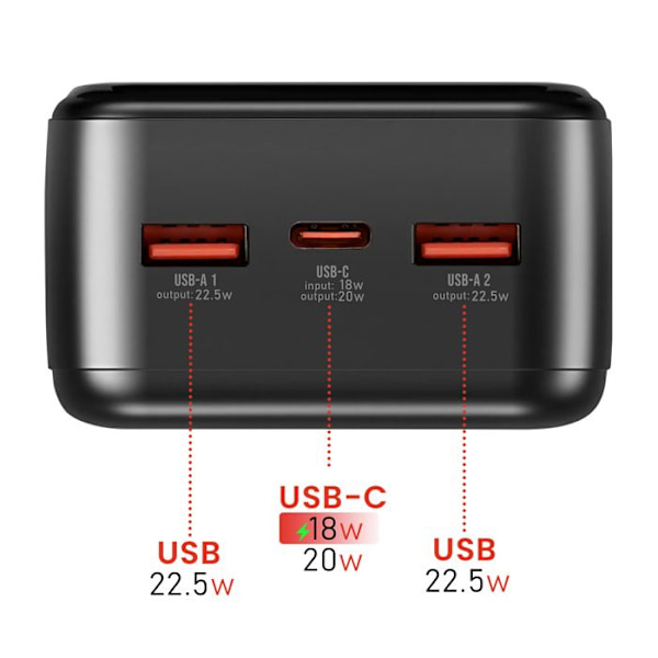 Batteri Extern 30000mAh med USB-C och 2 USB LED-skärm Kompakt Swissten Svart Svart