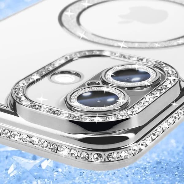 Cover - ADVARSEL - iPhone 16 - MagSafe Beskyttelse - Sølv Strass - Elegant Design Grå