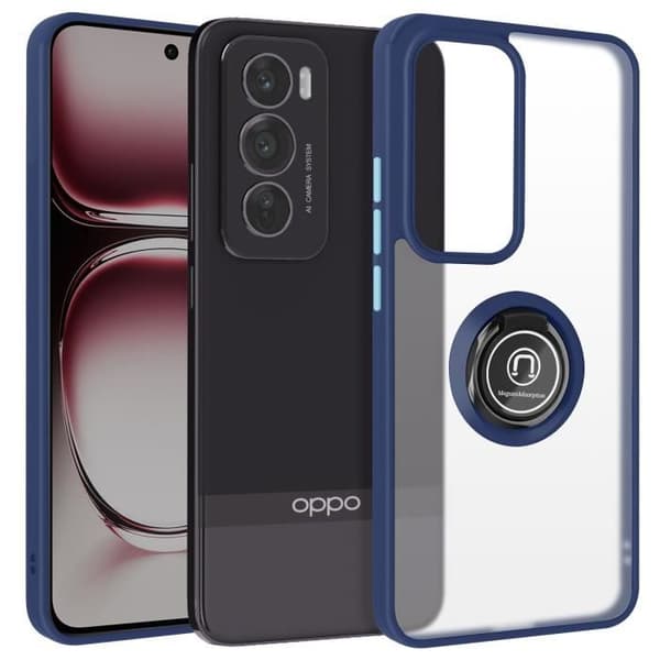 Coque för Oppo Reno 12 Pro, Metallring, Videostöd, Mörkblå Blå