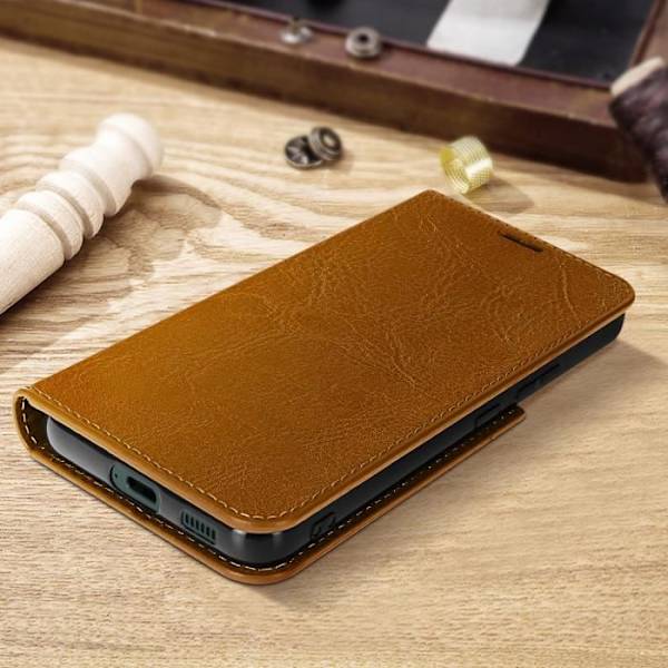 Galaxy S22 Folio Case aitoa nahkaa oleva korttikotelo Videotuki - AVIZAR - kameli - Jäykkä - Ruskea - Unisex kamel