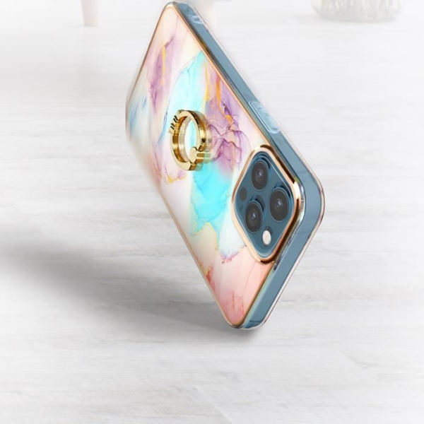 iPhone 12 och 12 Pro fodral Bi-material Hållarring Marmormönster Flerfärgad Svart