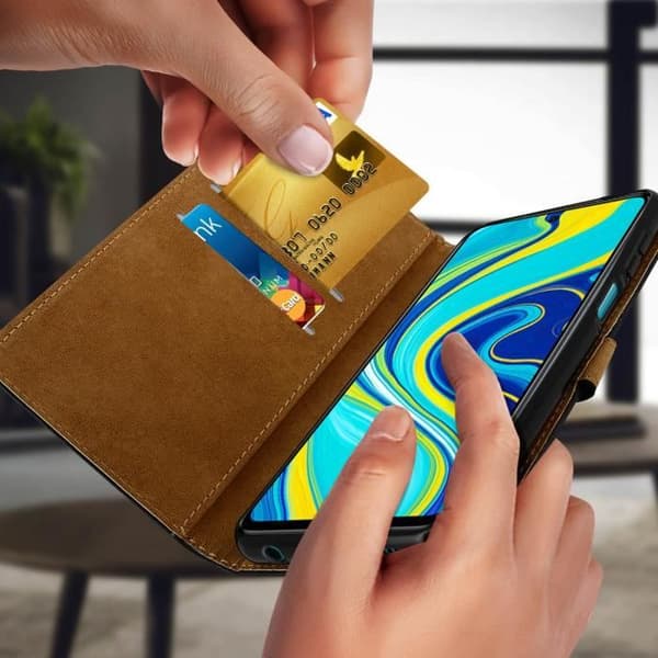Hölster - AVIZAR - Xiaomi Redmi Note 9S/Pro/Pro Max - Äkta läder - 2 kortfickor - Mjuk Svart