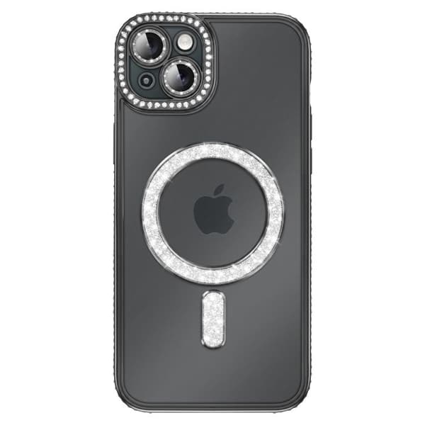 iPhone 15 Plus Cover Kompatibel med MagSafe med Sort Rhinsten Kant Svart