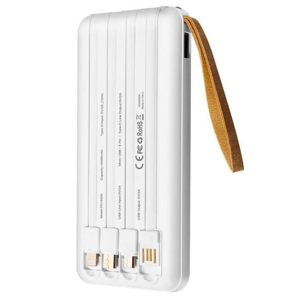 Solbatteri - LINQ - 15000mAh - Mikrousb-, Lightning-, USB C-kablar - Kompakt - Praktisk Vit