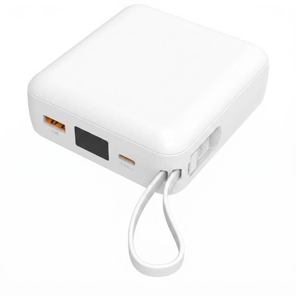 PowerBank 10000mAh 22.5W USB-C / USB-A med Indbyggede USB-C / Lightning Kabel Akashi Hvid