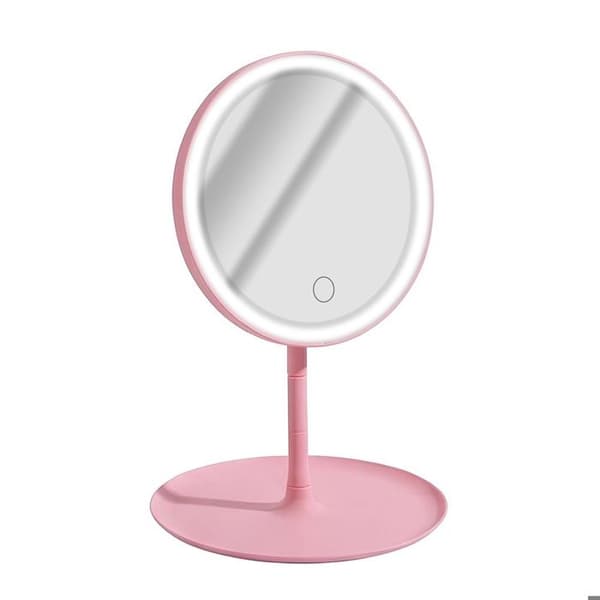 Rund LED-sminkspegel på stativ med frontkontroll i rosa Rosa