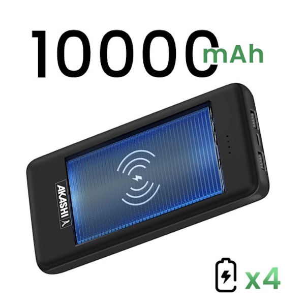Batteri Ekstern 10000 mAh med Trådløs Opladning 2x USB 1x USB C Akashi Sort Svart