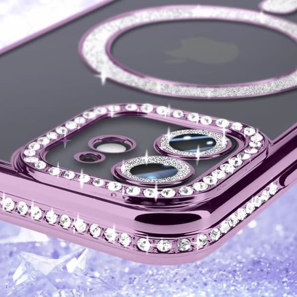 Coque - ADVARSEL - iPhone 12 - MagSafe Beskyttelse - Lilla Strass - Elegant og Hård Lila