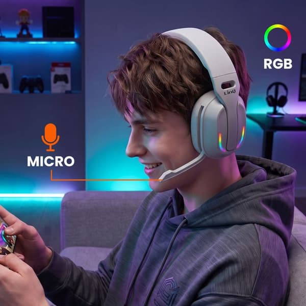 Trådløst Bluetooth Gaming Headset til PC og Smartphone med RGB LED og Mikrofon LinQ Grå Grå
