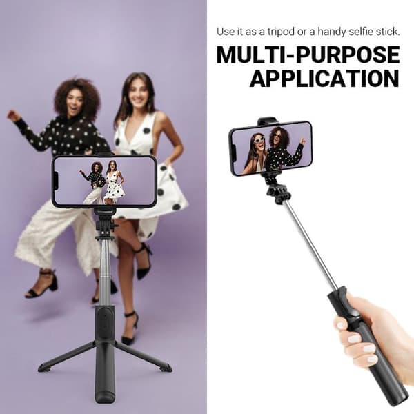 Crong SelfieGo Lite - Kompakti jalusta Bluetooth-selfie-tikulle (Musta)
