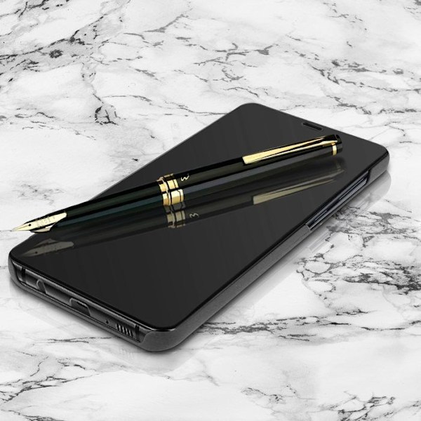 Fodral för Galaxy A9 2018 Folio Spegel Effekt Klar Utsikt Stöd Funktion Svart