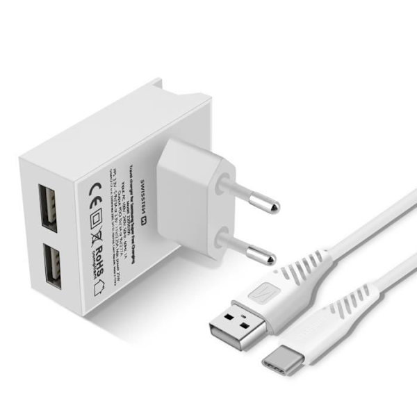 Väggladdare Dubbel USB 3A Smart IC USB-C Kabel Swissten Slim Vit Vit