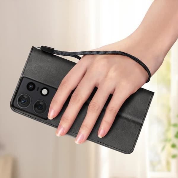 Taske til Motorola Edge 50 Pro Håndledsrem Flip Stand Wallet Sort Svart
