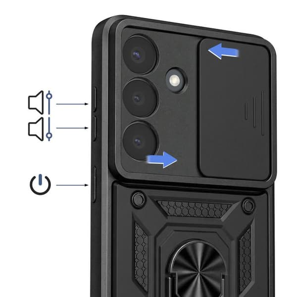 Cover til Galaxy S26 Plus med støtte ring og skydelåg til kamera i sort Svart