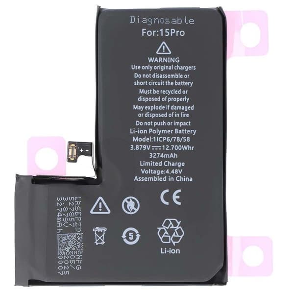 Batteri - AVIZAR - iPhone 15 Pro - Li-Polymer 3274mAh - 3,87V - Diagnostisk funktion Sort