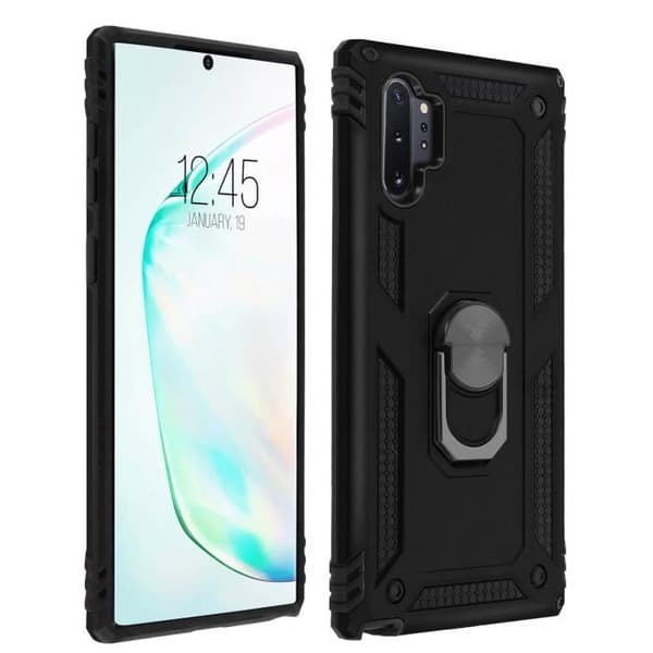 Coque - ADVARSEL - Galaxy Note 10 Plus - Bi-materialer - Stiv og Blød - Video Støtte Ring Svart