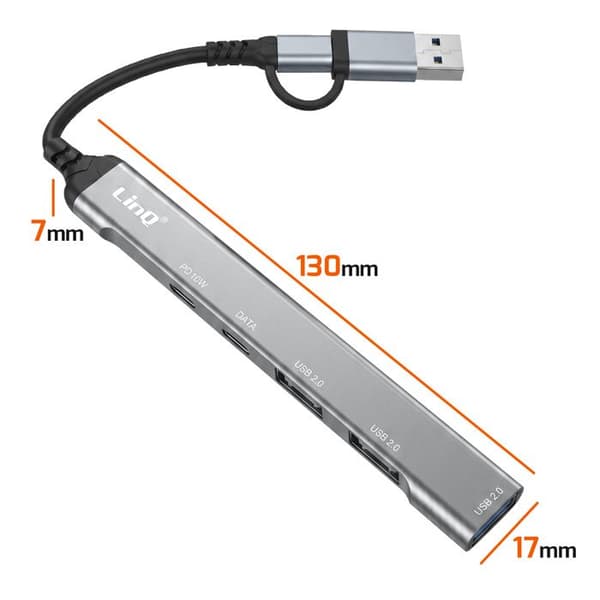 USB-C / USB-A 5-i-1 hub til 2 USB-C PD 10W og 3 USB-A 480Mbps LinQ Grå