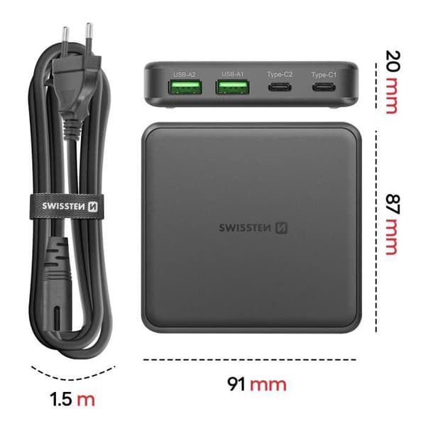 GaN 2x USB-C och 2x USB PowerDelivery Charging Hub Swissten Black