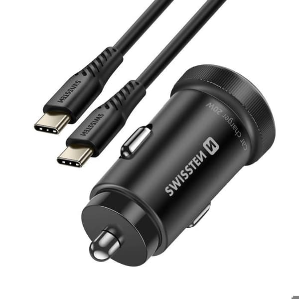USB-C biloplader 20W - SWISSTEN - Sort - USB-C kabel 1m - Dobbelt port - Universel Svart