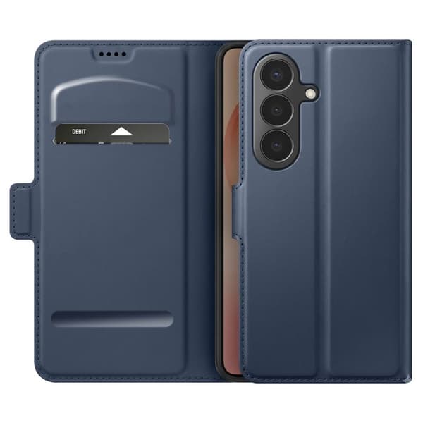 Plånboksfodral för Galaxy S26 Slätt Läder med Videostöd Mörkblå Blå