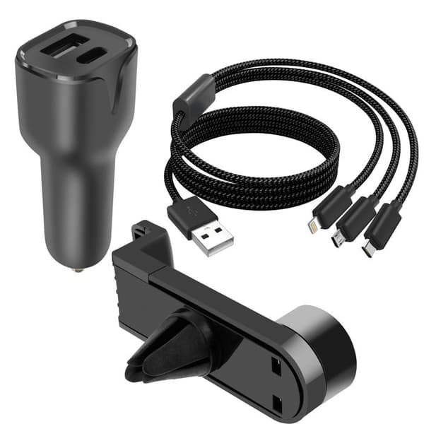 Pakke Biltilbehør med USB-C Oplader + 3-i-1 Kabel og Sort Stativ Svart