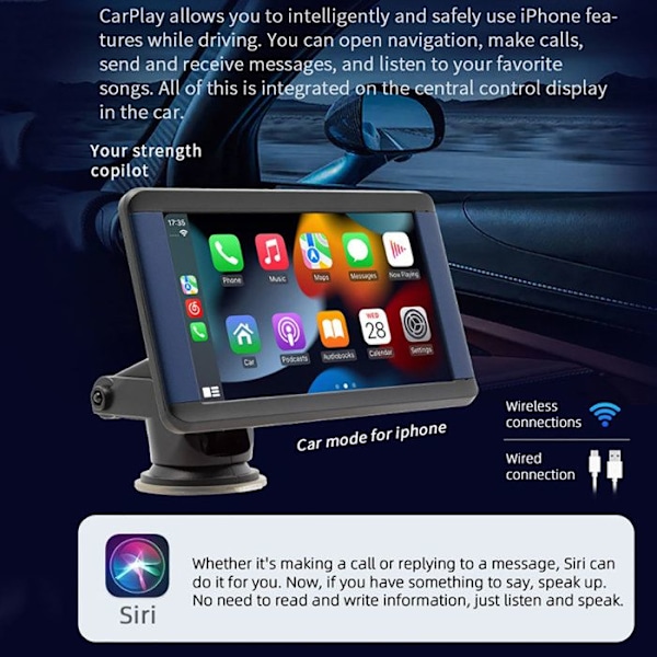 7" Kosketusnäyttö CarPlay Wi-Fi-yhteydellä GPS:llä / Android Auto / MP5-soitin Musta