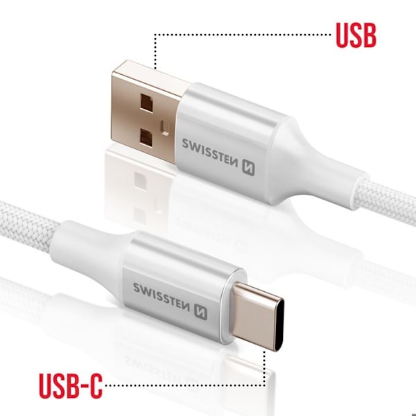 USB-kaapeli USB-C:hen, punottu, solmukkestava Swissten Valkoinen Vit