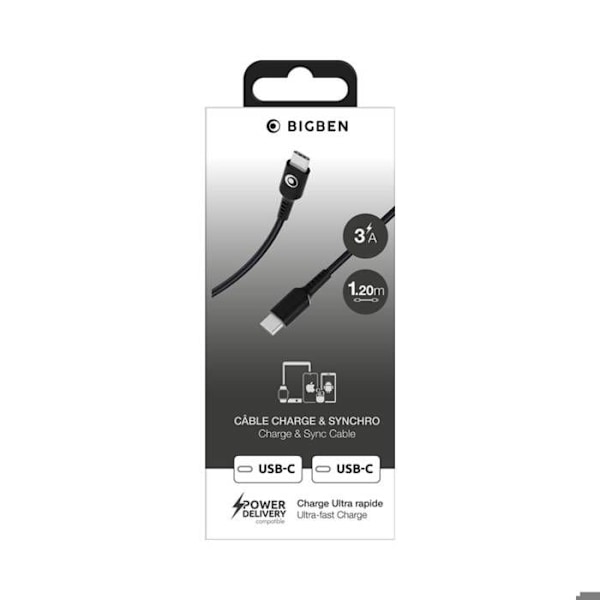 USB-C Kabel - BigBen - 1,2m - 3A - Power Delivery 60W - Vævet Sort