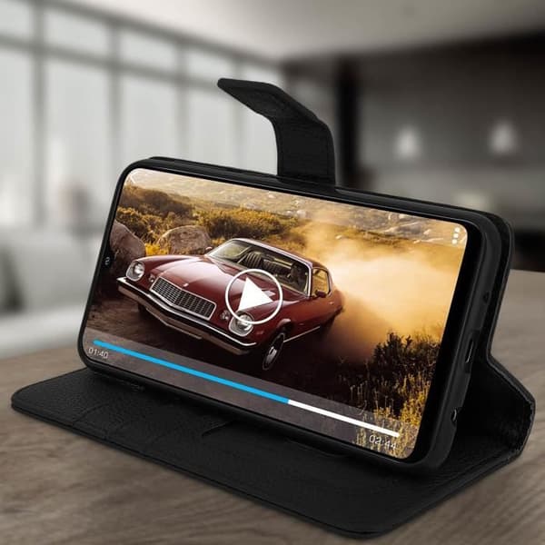 Smartphonefodral - AVIZAR - Samsung Galaxy A10 - Ekologiskt läder - Svart - Stödfunction Svart