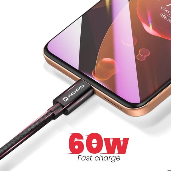 USB-C til USB-C kabel 3m 60W Universel Hurtig Opladning og Overførsel Swissten Sort