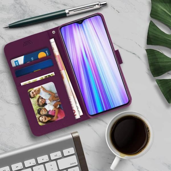 Etui - AVIZAR - Xiaomi Redmi Note 8 Pro - Ekoskinn med graining - Kortfack - Videostöd Lila
