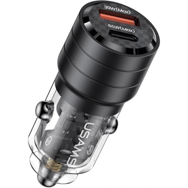 Erittäin nopea autolaturi 95W USB-C PD 65W+USB-A QC 30W Usamsin ylijännitesuojalla läpinäkyvä musta Svart