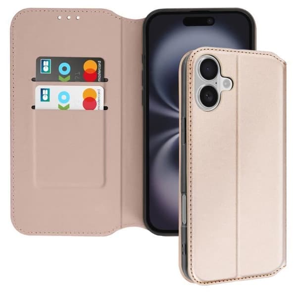 Etui för iPhone 16 med fällbart kortfack och videostöd i guld. Gul