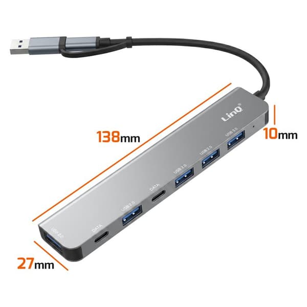 USB-C / USB-A 7-i-1 5Gbps hub til 2 USB-C, USB-A 3.0 og 4 USB-A 2.0 LinQ Grå