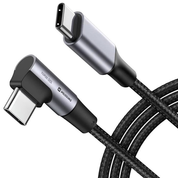 USB C-kabel - Swissten - 100W - Vinklet design - Flettet nylon - 2 meter Svart