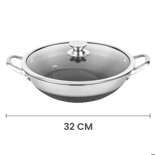 Wok 32cm - CHEFFINGER - Inox - Biegelag - Glaslåg - Ridsefrit Grå