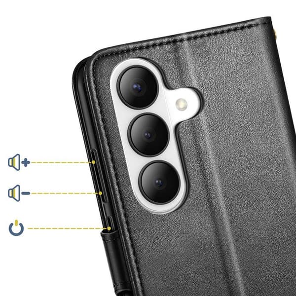 Pungetui til Galaxy S26 med magnetisk trykknap og håndledsrem i sort Svart