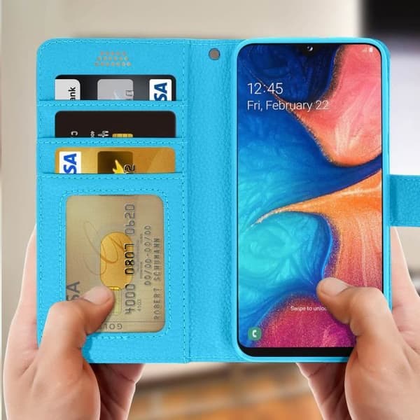 Hus til Samsung Galaxy A20e - AVIZAR - Folio Tegnebog Case - Øko-læder - Blå - Videostøtte Blå