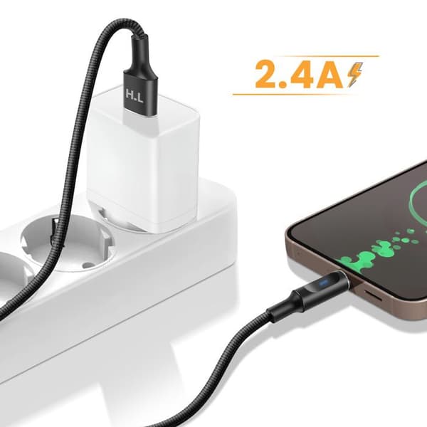 USB-A - USB-C -kaapeli LED-valolla ja vakaa 2.4A lataus, nailonpunottu, 1.5m, musta