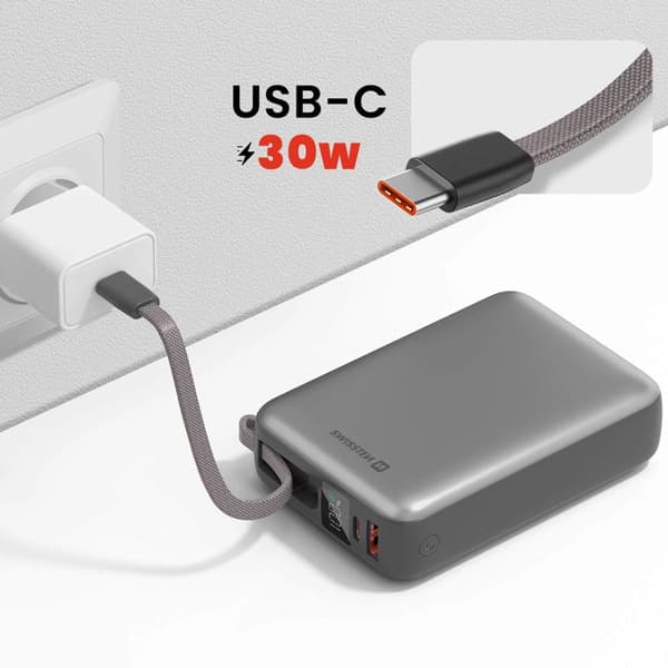 Externbatteri - SWISSTEN - 20000mAh - 45W - Inbyggd USB-C-kabel - Silver Grå