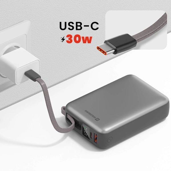 Ulkoakku 20000mAh 45W integroidulla USB-C johdolla, USB-C ja USB portit, Swissten Hopea Grå