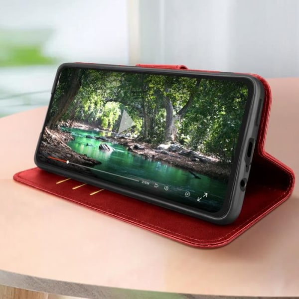 Fodral för Motorola Moto G72 plånbok och videoställ Röd handledsrem