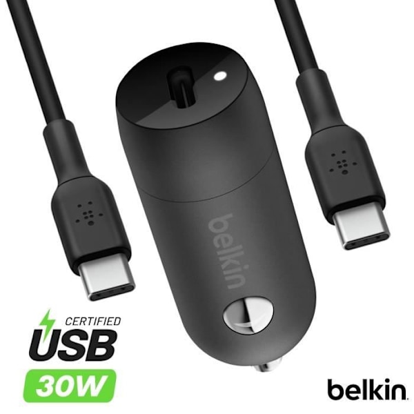 USB-C tändare - BELKIN - BoostCharge - 30W - USB-C-kabel 1m - Kompakt design Svart