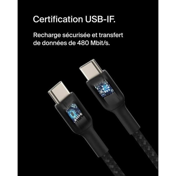 Flätad kabel - BELKIN - USB-C till USB-C - 2 m - Vit Svart
