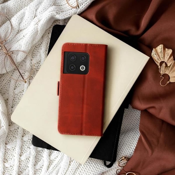 OnePlus 10 Pro Case Kunstlæderkortholder Dobbelt magnetisk fane Rød Röd