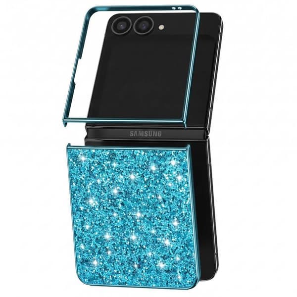 Glitterfodral för Samsung Galaxy Z Flip 8 med turkos kromad kant Blå